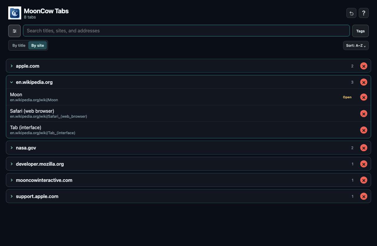 MoonCow Tabs Mobile, tabs grouped by site
